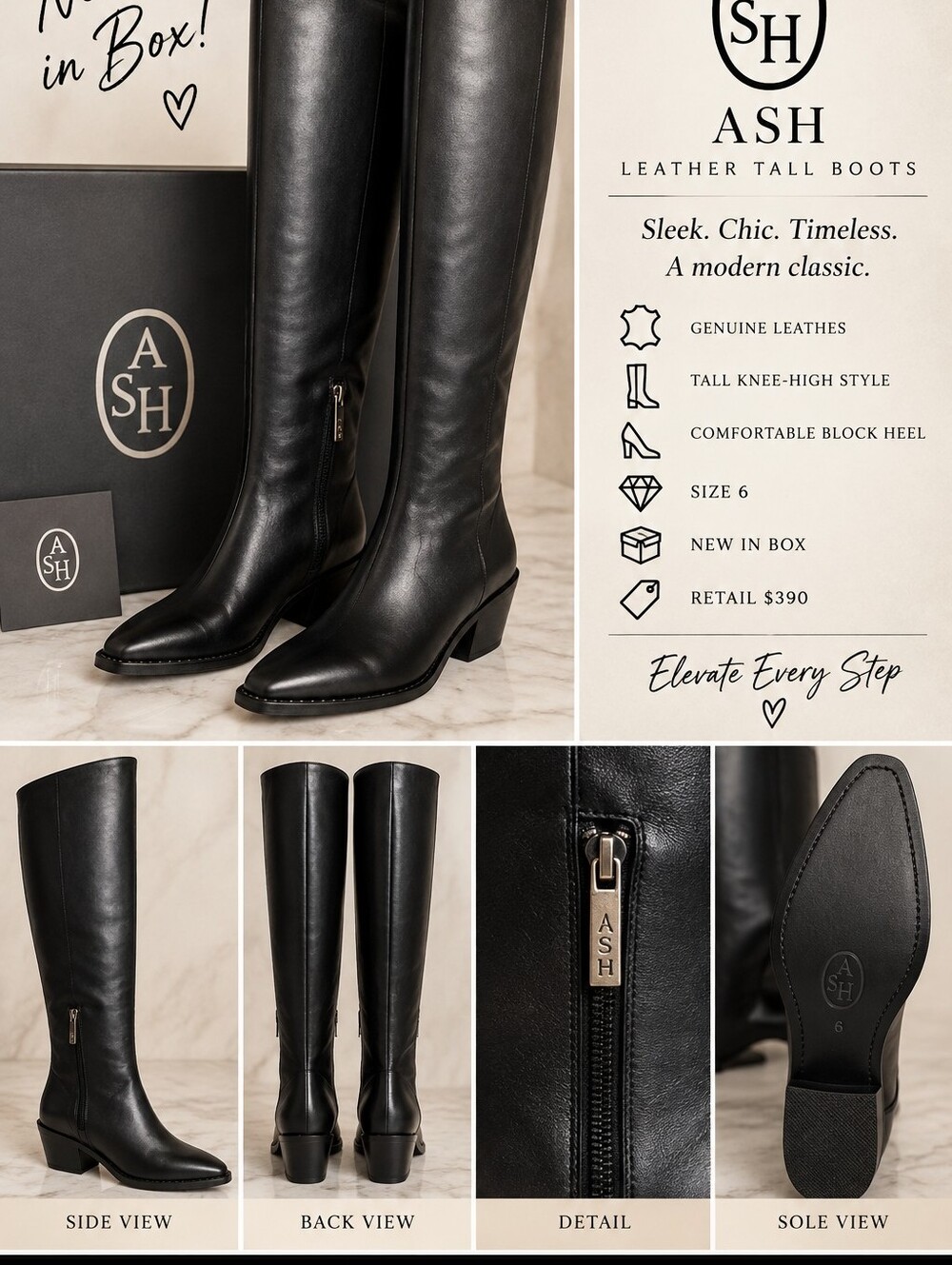 ASH Black Leather Over-the-Knee Boots with Block Heel